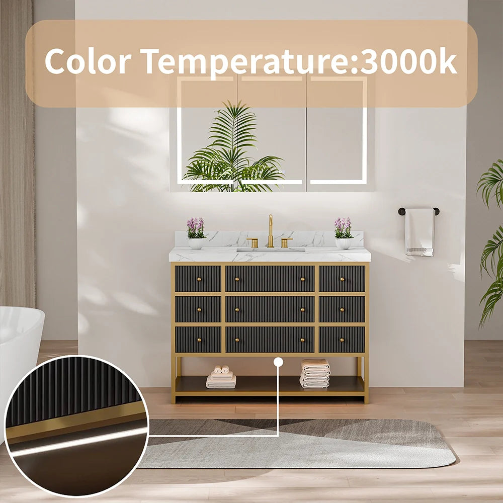 48-In Fluted Solid Wood Luxury Gold Bathroom Vanity, PU Lacquer – Single Sink