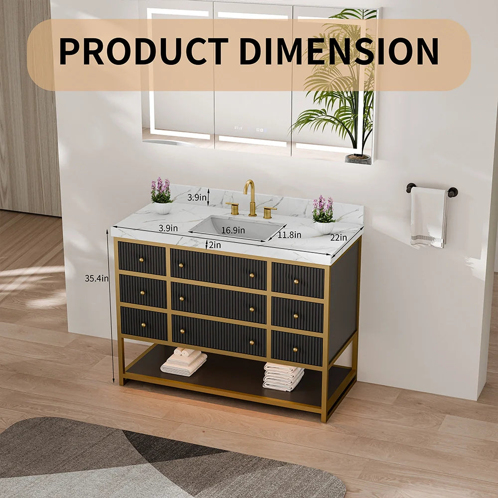 48-In Fluted Solid Wood Luxury Gold Bathroom Vanity, PU Lacquer – Single Sink