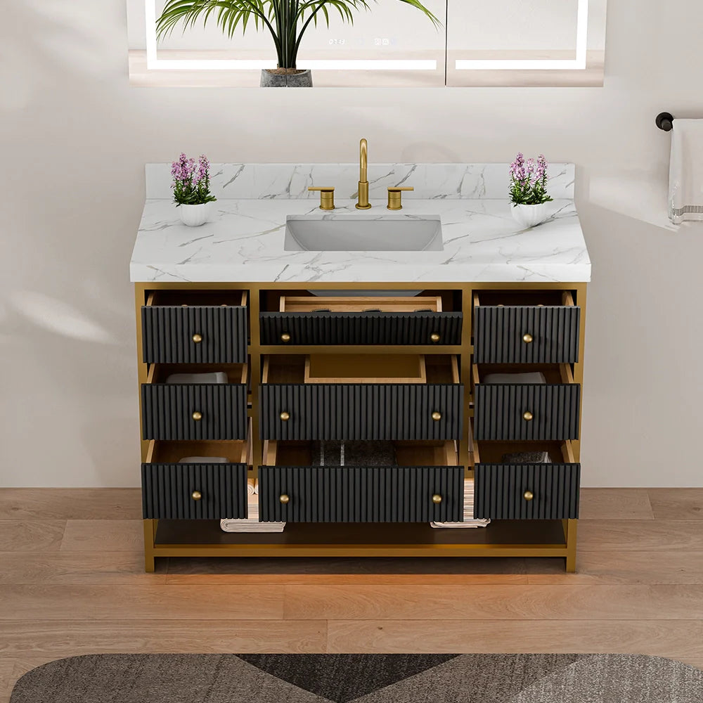 48-In Fluted Solid Wood Luxury Gold Bathroom Vanity, PU Lacquer – Single Sink
