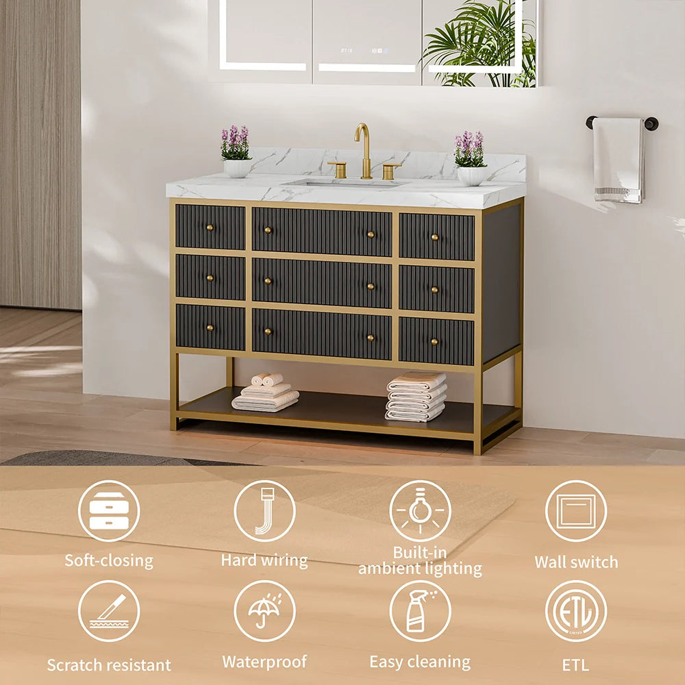 48-In Fluted Solid Wood Luxury Gold Bathroom Vanity, PU Lacquer – Single Sink
