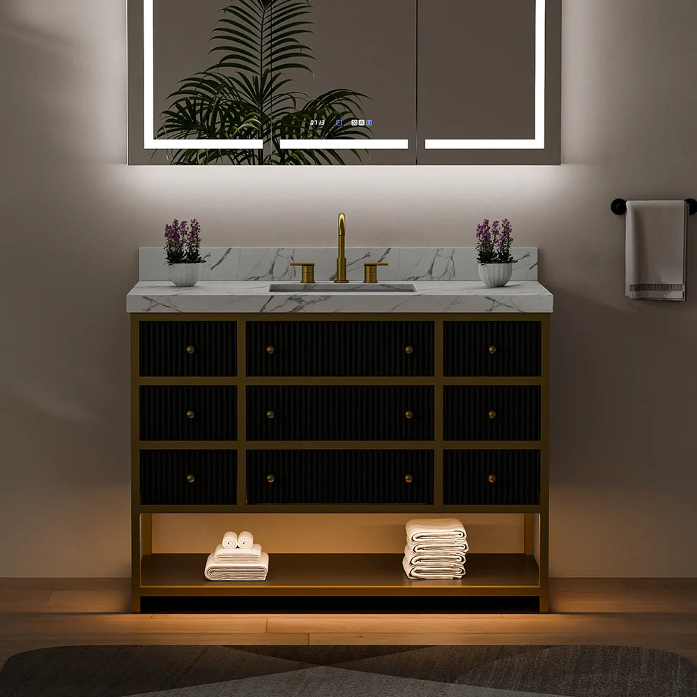 48-In Fluted Solid Wood Luxury Gold Bathroom Vanity, PU Lacquer – Single Sink