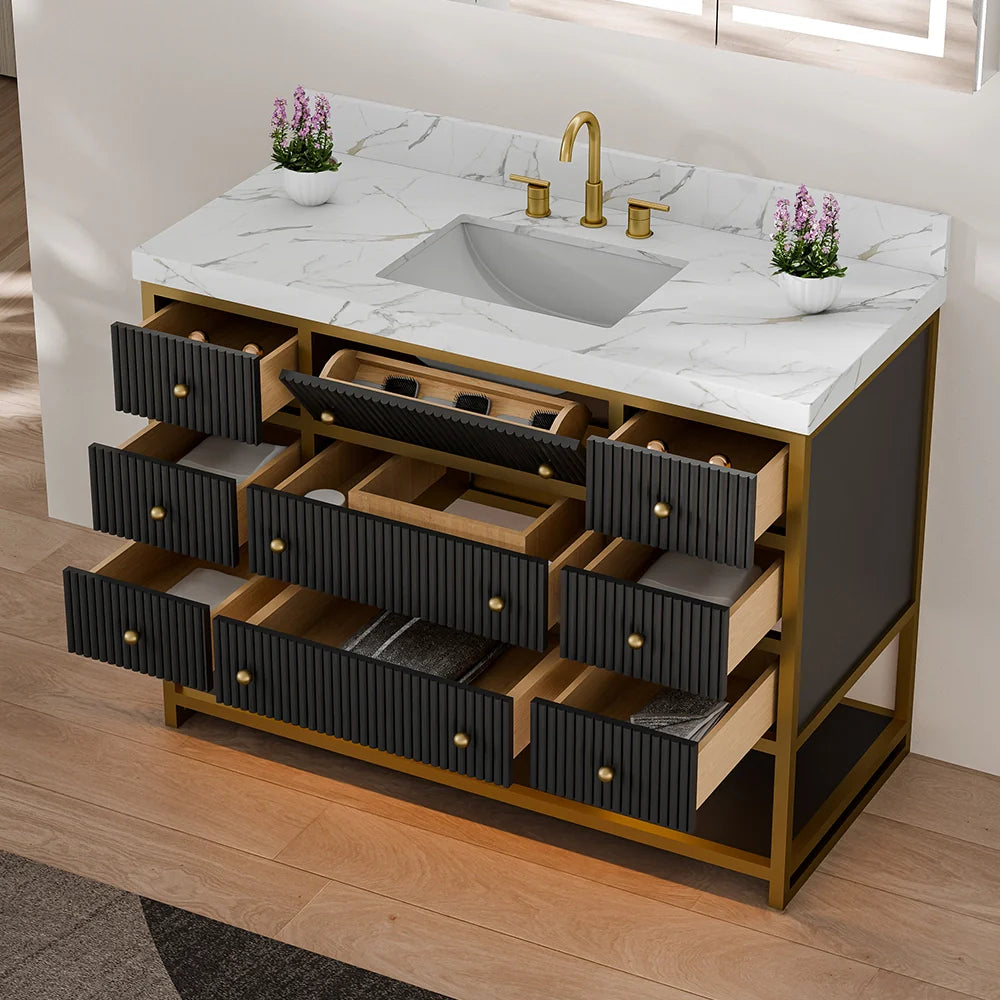 48-In Fluted Solid Wood Luxury Gold Bathroom Vanity, PU Lacquer – Single Sink