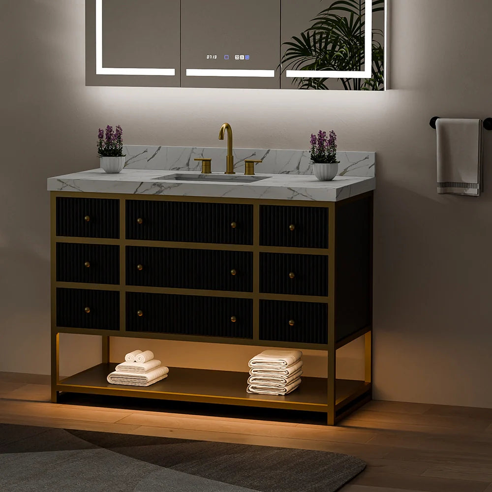 48-In Fluted Solid Wood Luxury Gold Bathroom Vanity, PU Lacquer – Single Sink