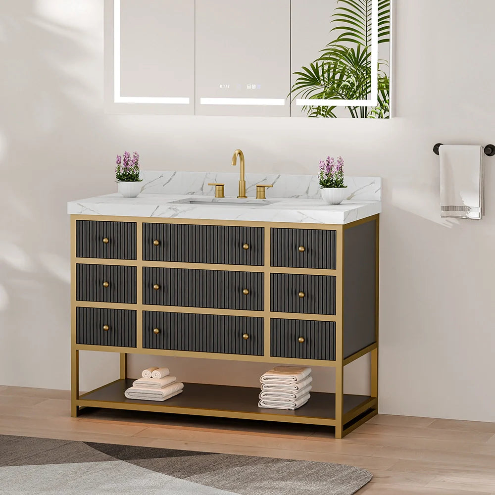 48-In Fluted Solid Wood Luxury Gold Bathroom Vanity, PU Lacquer – Single Sink