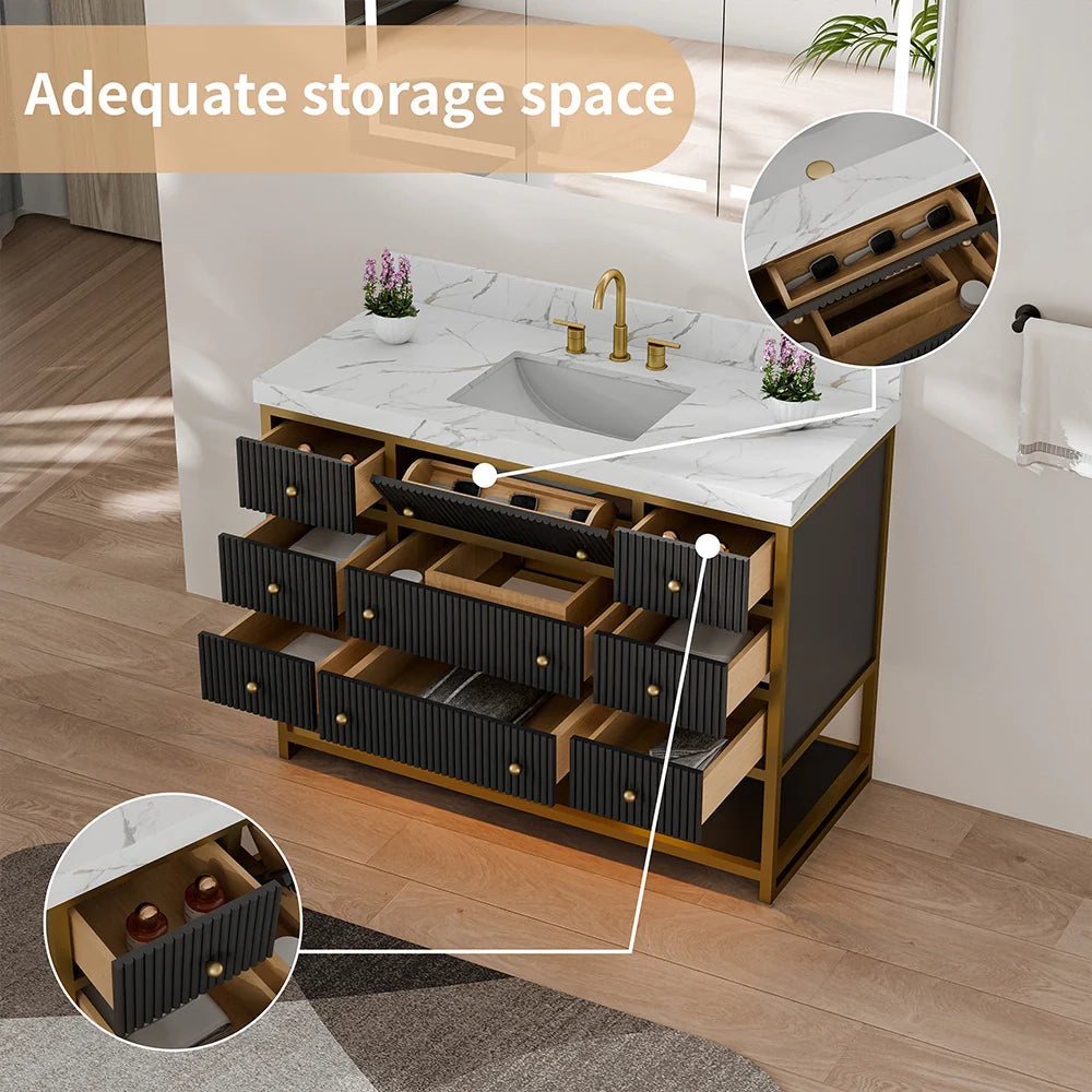 48-In Fluted Solid Wood Luxury Gold Bathroom Vanity, PU Lacquer – Single Sink