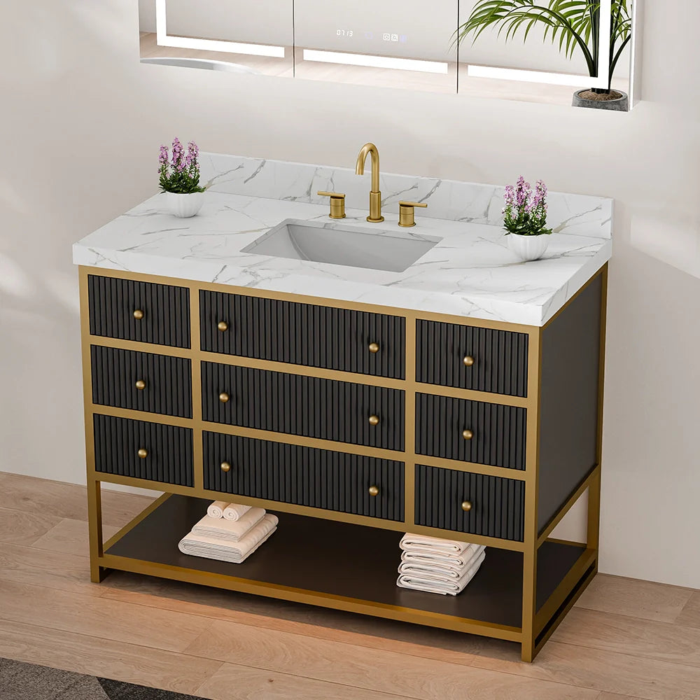 48-In Fluted Solid Wood Luxury Gold Bathroom Vanity, PU Lacquer – Single Sink