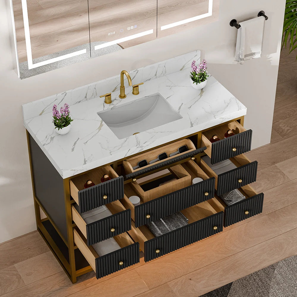48-In Fluted Solid Wood Luxury Gold Bathroom Vanity, PU Lacquer – Single Sink