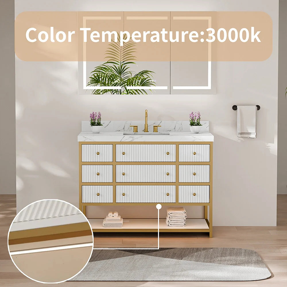 48-In Fluted Solid Wood Luxury Gold Bathroom Vanity, PU Lacquer – Single Sink