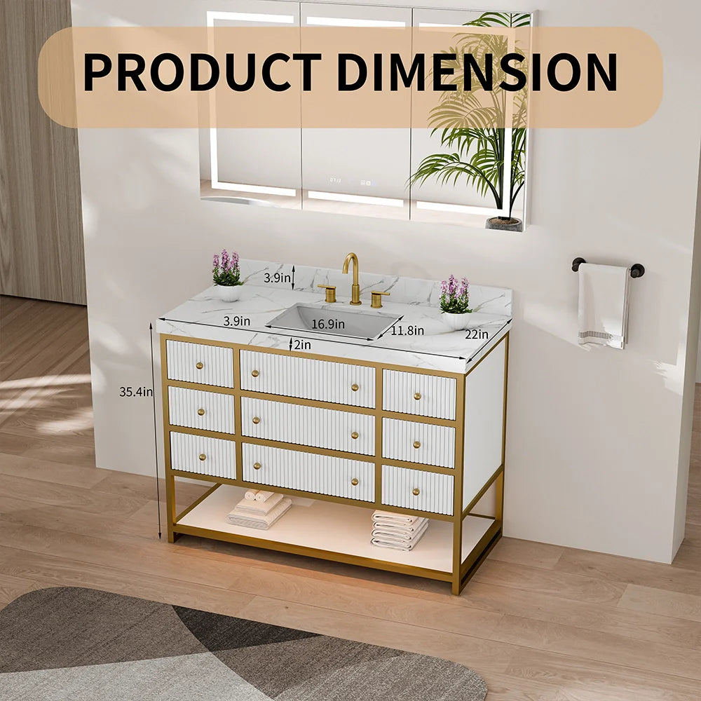 48-In Fluted Solid Wood Luxury Gold Bathroom Vanity, PU Lacquer – Single Sink