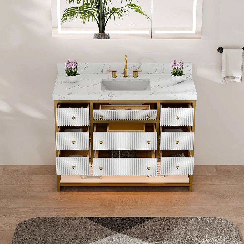 48-In Fluted Solid Wood Luxury Gold Bathroom Vanity, PU Lacquer – Single Sink