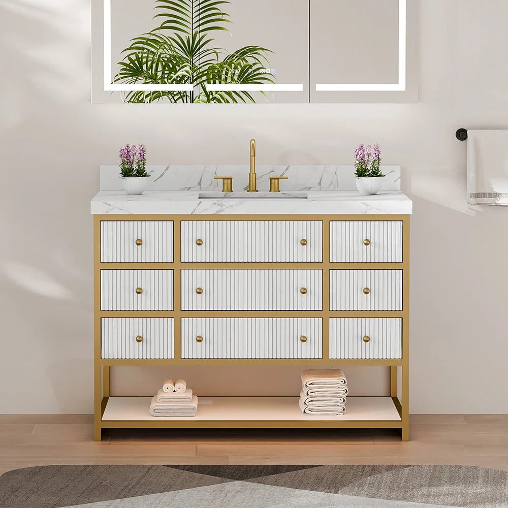 48-In Fluted Solid Wood Luxury Gold Bathroom Vanity, PU Lacquer – Single Sink