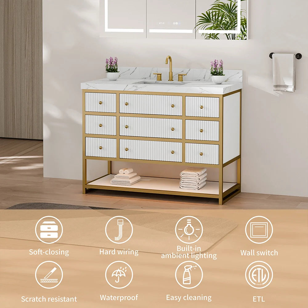 48-In Fluted Solid Wood Luxury Gold Bathroom Vanity, PU Lacquer – Single Sink