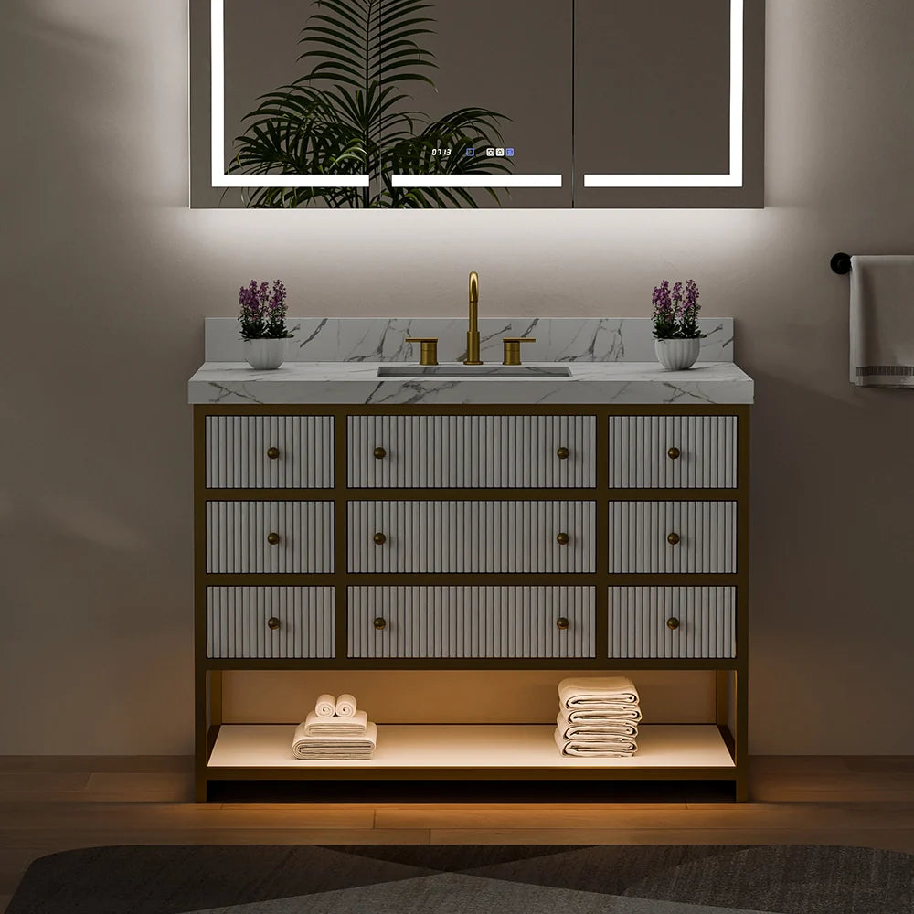 48-In Fluted Solid Wood Luxury Gold Bathroom Vanity, PU Lacquer – Single Sink
