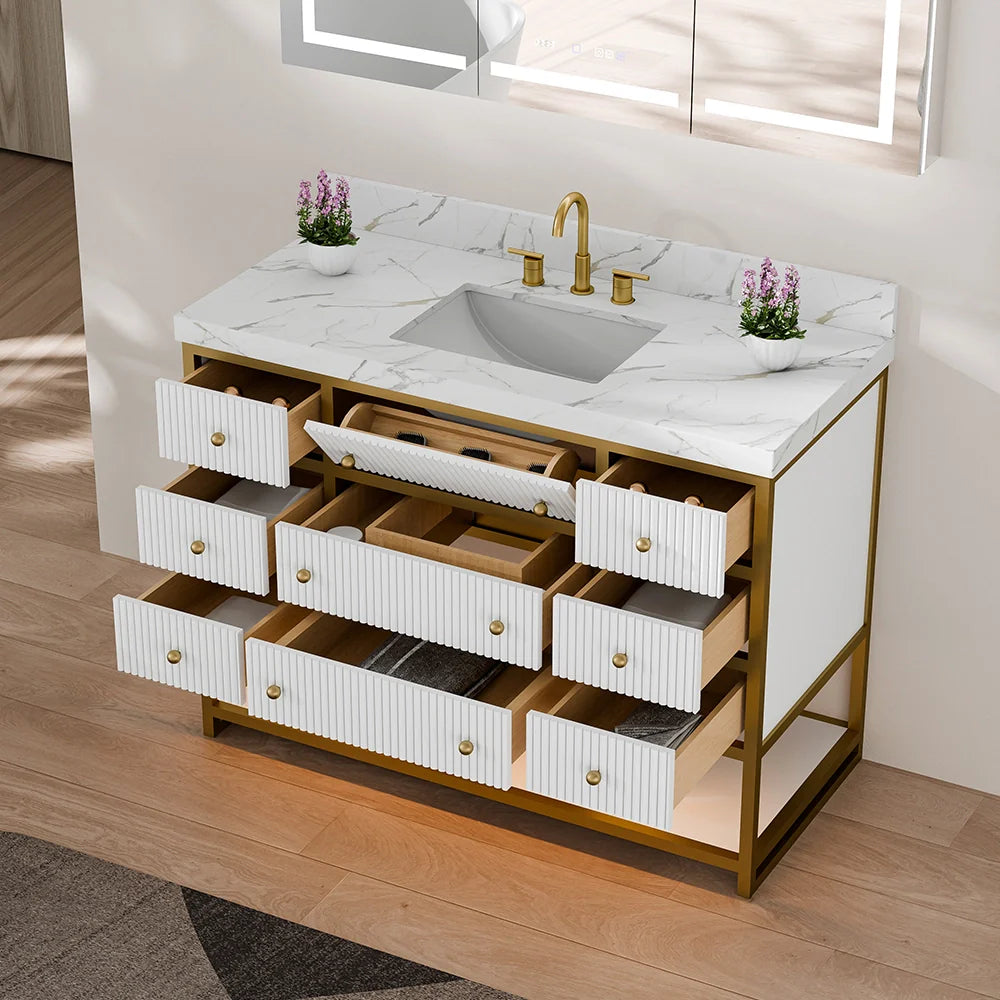 48-In Fluted Solid Wood Luxury Gold Bathroom Vanity, PU Lacquer – Single Sink