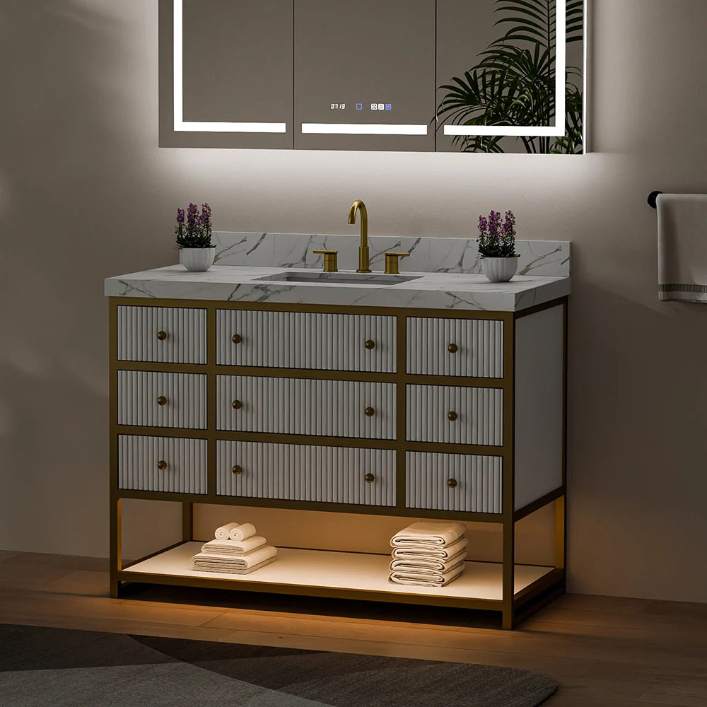 48-In Fluted Solid Wood Luxury Gold Bathroom Vanity, PU Lacquer – Single Sink