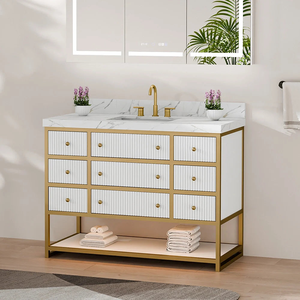 48-In Fluted Solid Wood Luxury Gold Bathroom Vanity, PU Lacquer – Single Sink
