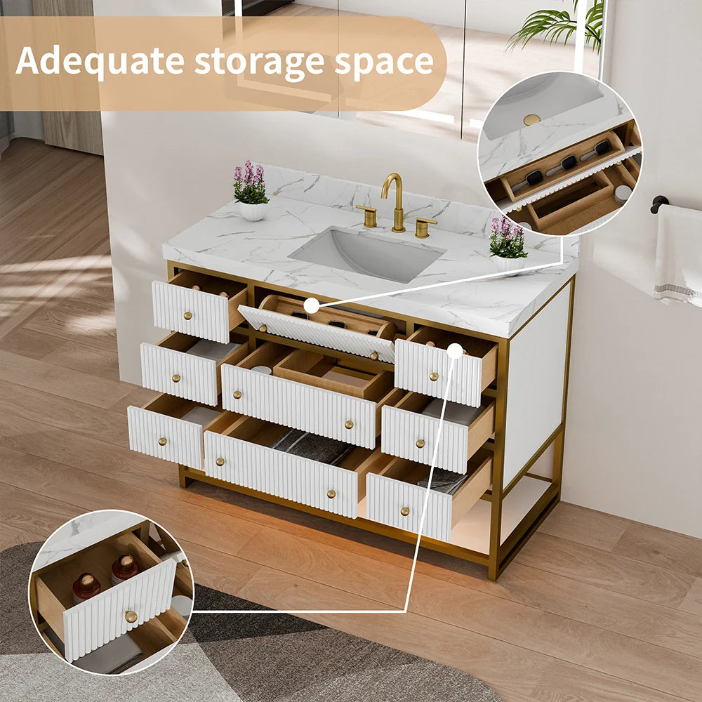 48-In Fluted Solid Wood Luxury Gold Bathroom Vanity, PU Lacquer – Single Sink