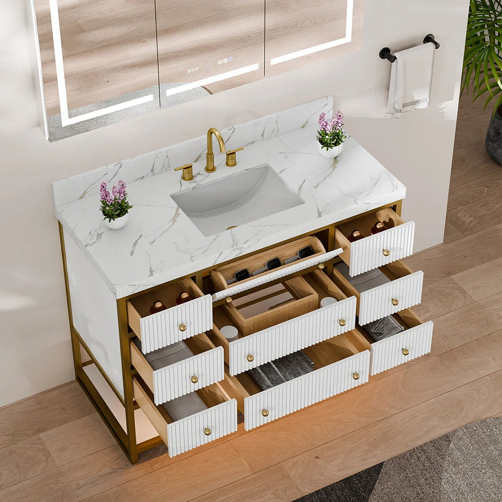 48-In Fluted Solid Wood Luxury Gold Bathroom Vanity, PU Lacquer – Single Sink