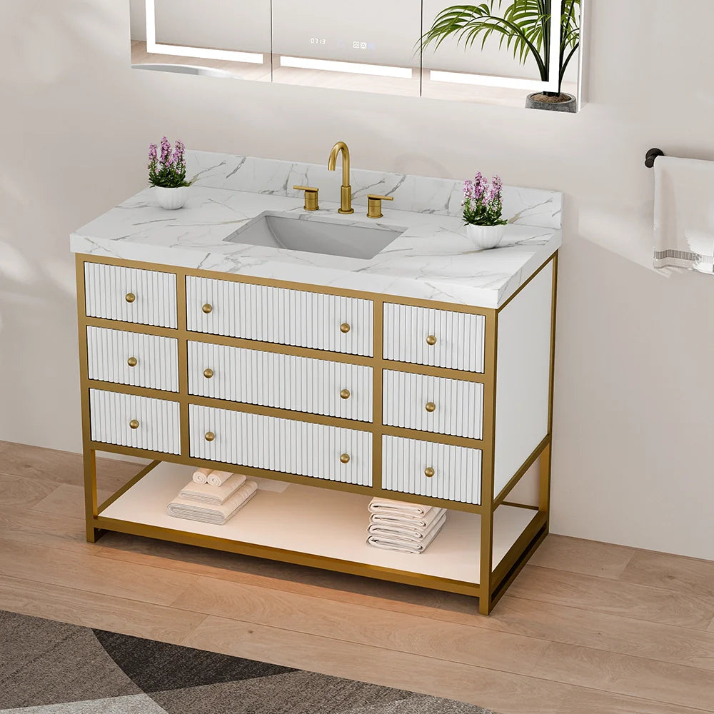 48-In Fluted Solid Wood Luxury Gold Bathroom Vanity, PU Lacquer – Single Sink
