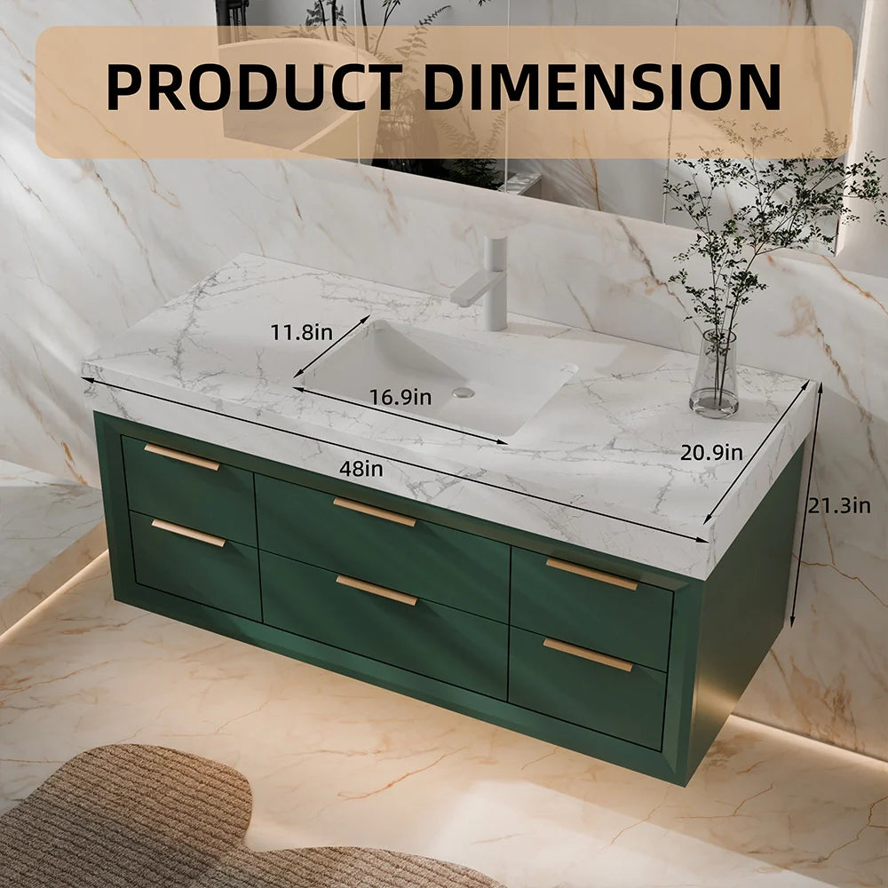 48 Inch Modern Wall Mounted Bathroom Vanity with Marble Countertop