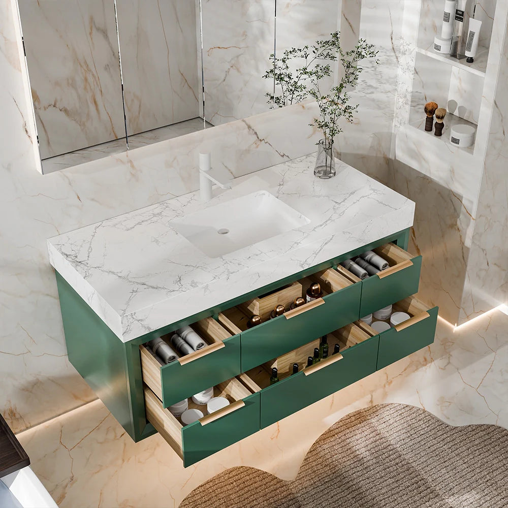 48 Inch Modern Wall Mounted Bathroom Vanity with Marble Countertop
