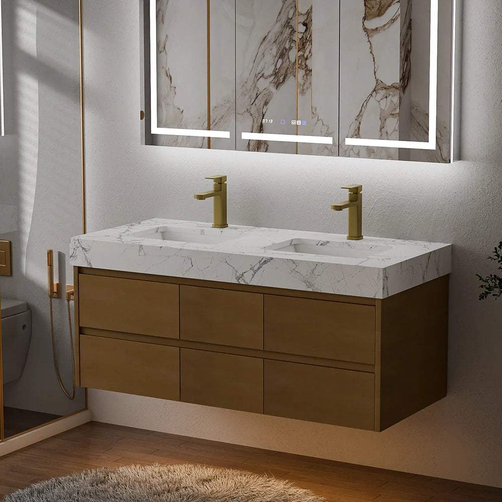 48 Inch Modern Wall Mounted Double Bathroom Vanity with Marble Countertop
