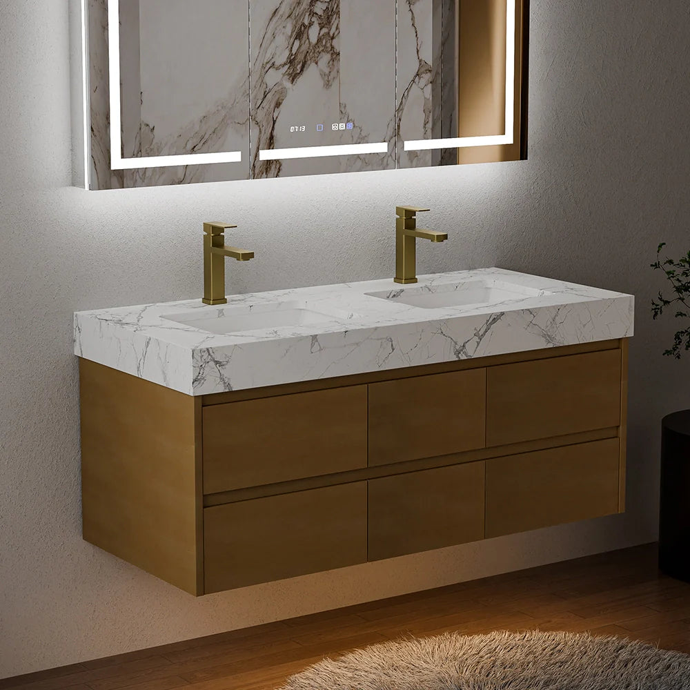 48 Inch Modern Wall Mounted Double Bathroom Vanity with Marble Countertop