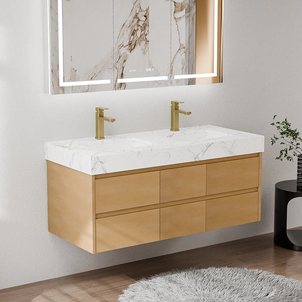 48 Inch Modern Wall Mounted Double Bathroom Vanity with Marble Countertop
