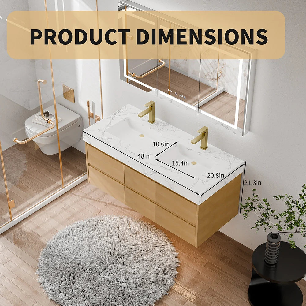 48 Inch Modern Wall Mounted Double Bathroom Vanity with Marble Countertop