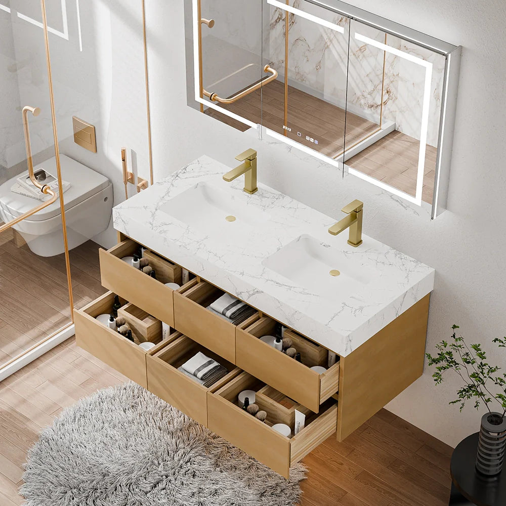 48 Inch Modern Wall Mounted Double Bathroom Vanity with Marble Countertop