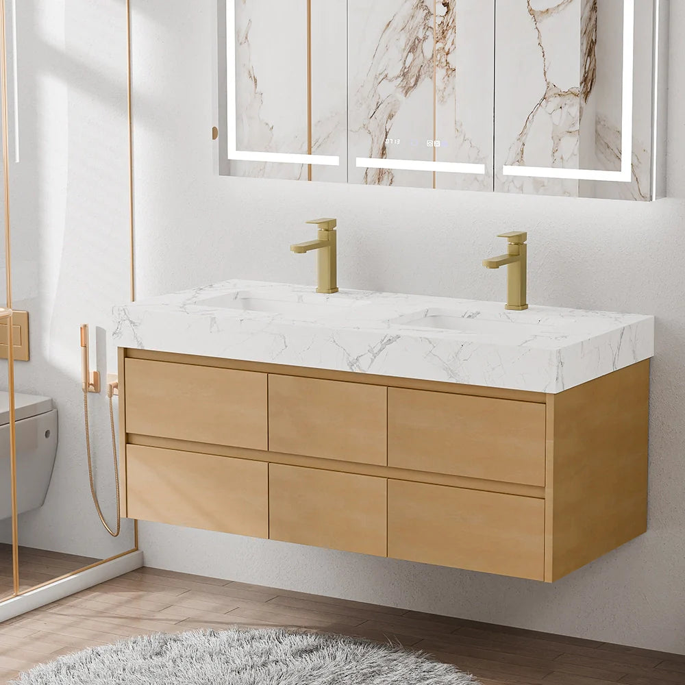 48 Inch Modern Wall Mounted Double Bathroom Vanity with Marble Countertop