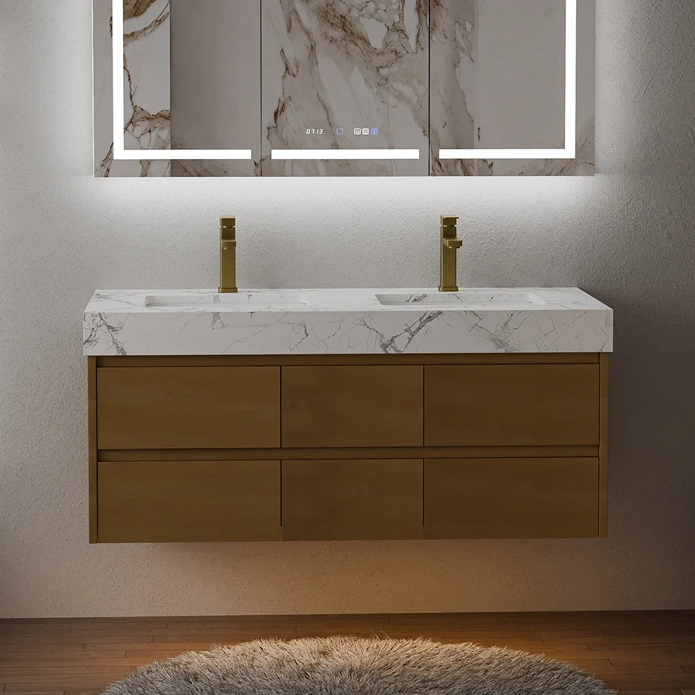 48 Inch Modern Wall Mounted Double Bathroom Vanity with Marble Countertop