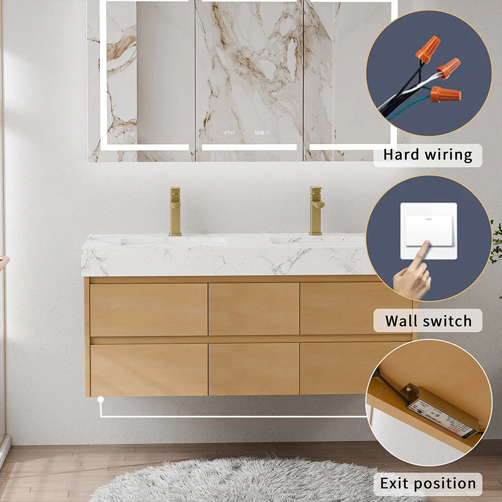 48 Inch Modern Wall Mounted Double Bathroom Vanity with Marble Countertop