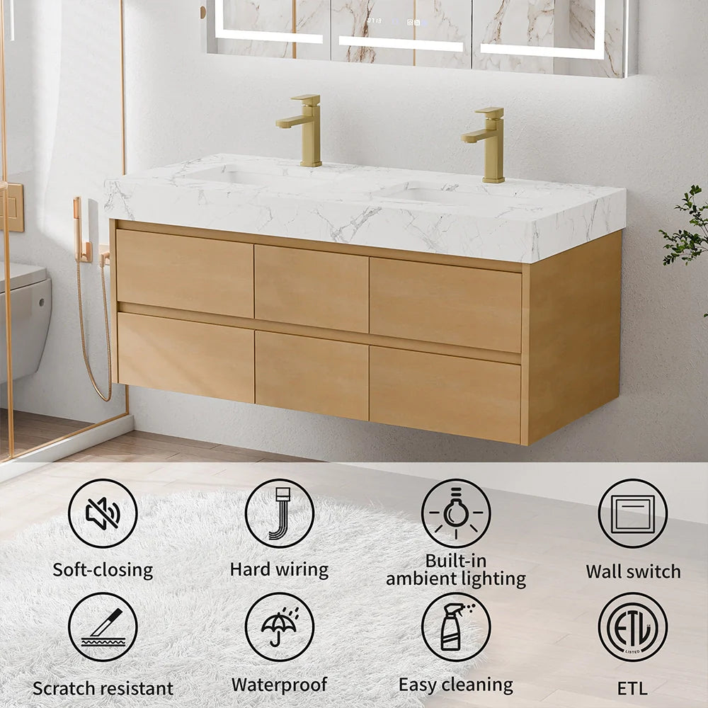 48 Inch Modern Wall Mounted Double Bathroom Vanity with Marble Countertop