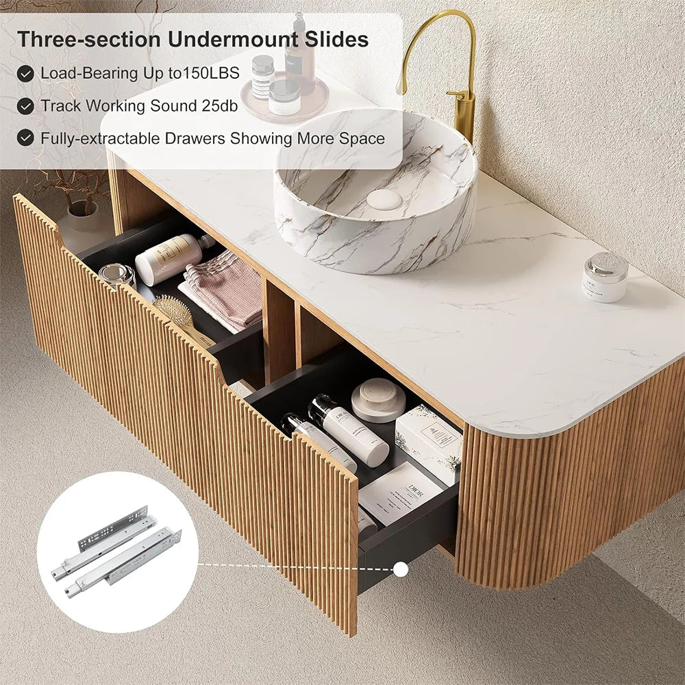 Nature Wood Floating Bathroom Vanity with Large Soft-Closing Storage Drawer
