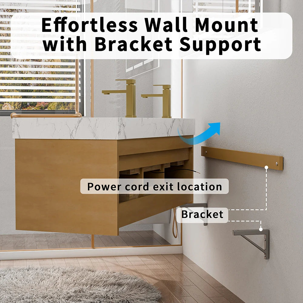 48 Inch Modern Wall Mounted Double Bathroom Vanity with Marble Countertop