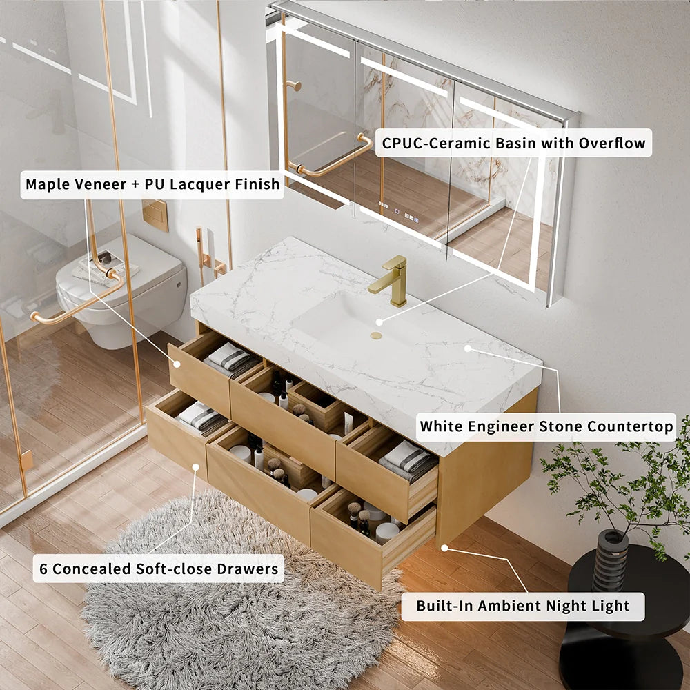 48 Inch Modern Single Bathroom Vanity with Single Sink Marble Countertop