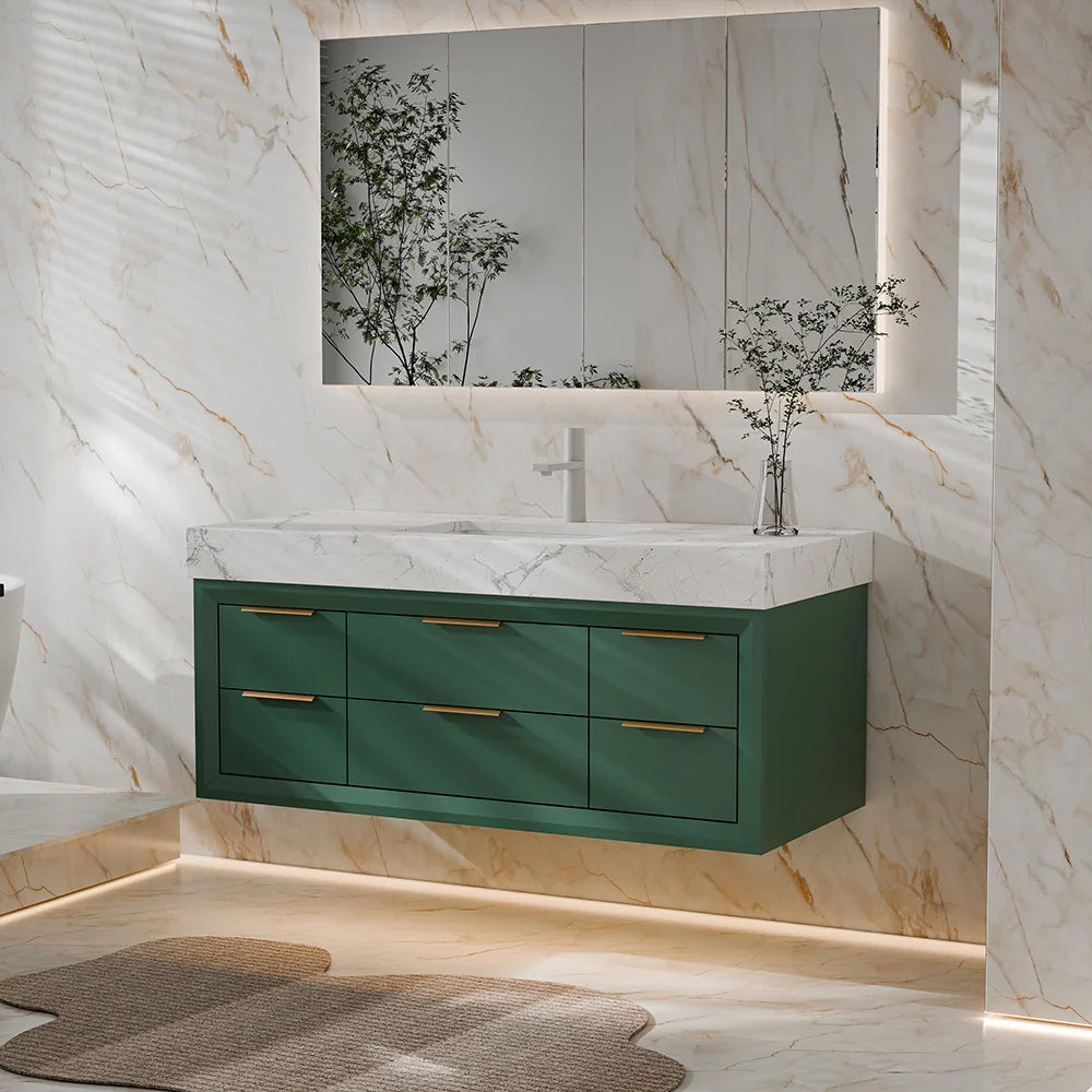 48 Inch Modern Wall Mounted Bathroom Vanity with Marble Countertop