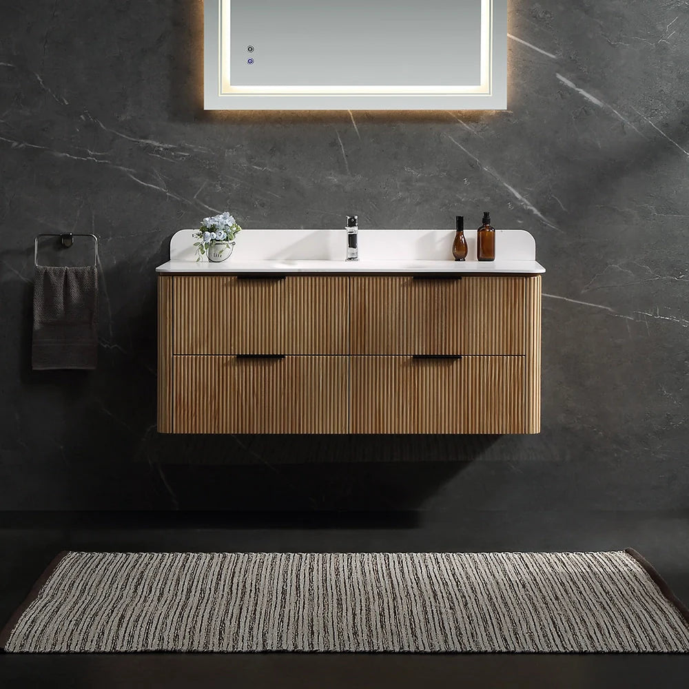 48 Inch Reeded Oak Bathroom Floating Vanity with Acrylic Single Sink