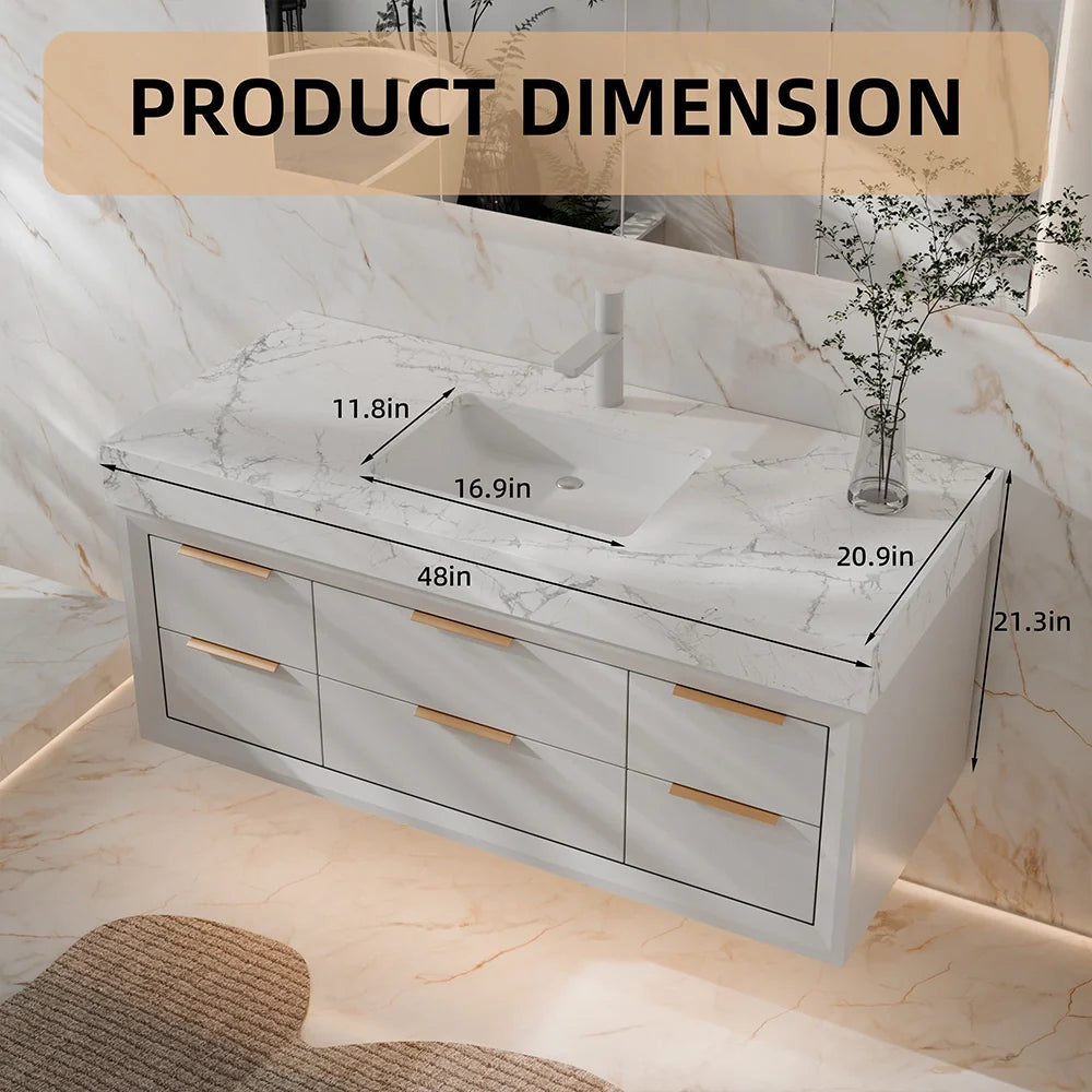 48 Inch Modern Wall Mounted Bathroom Vanity with Marble Countertop