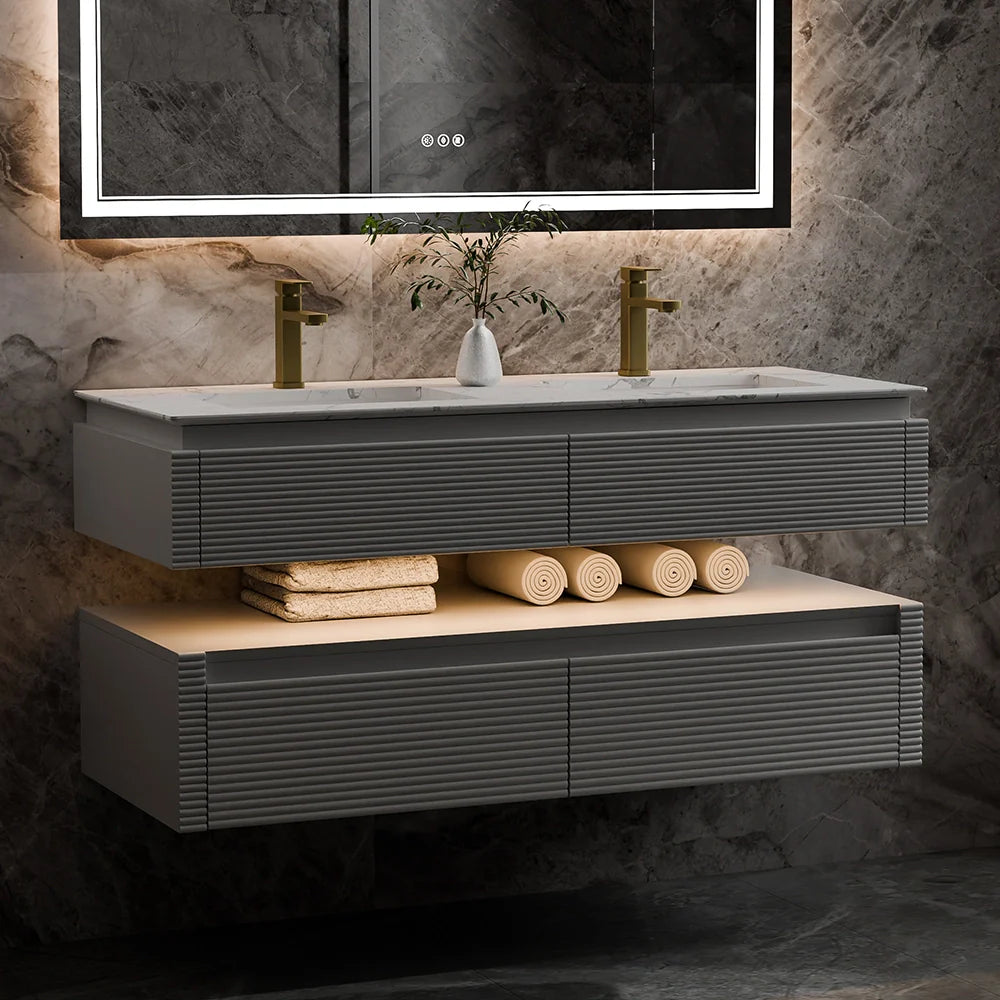 48 Inch Floating Bathroom Vanity with LED Functionality and Double Sinks