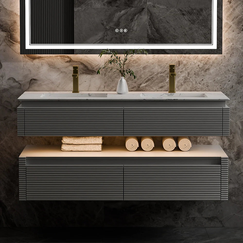 48 Inch Floating Bathroom Vanity with LED Functionality and Double Sinks