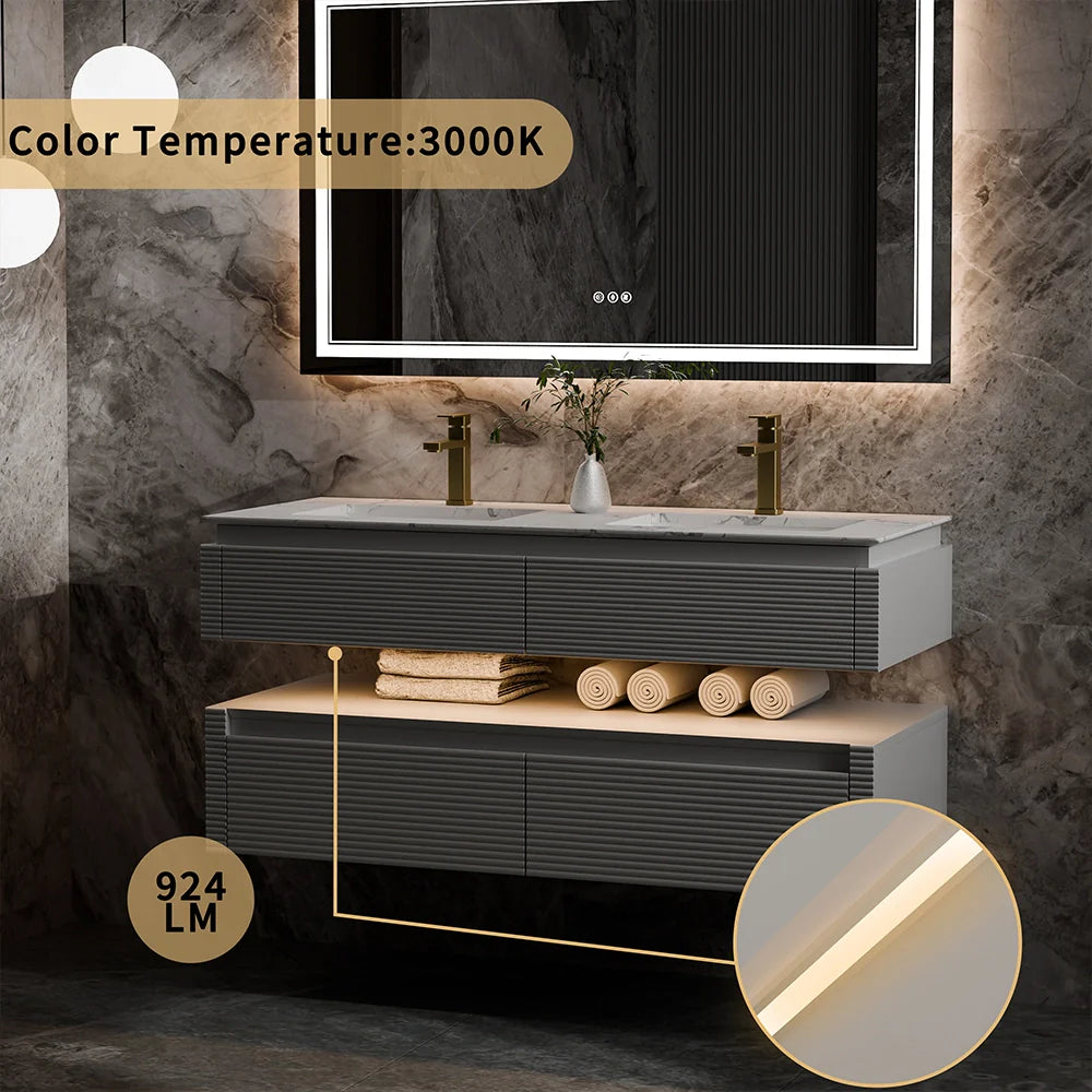 48 Inch Floating Bathroom Vanity with LED Functionality and Double Sinks