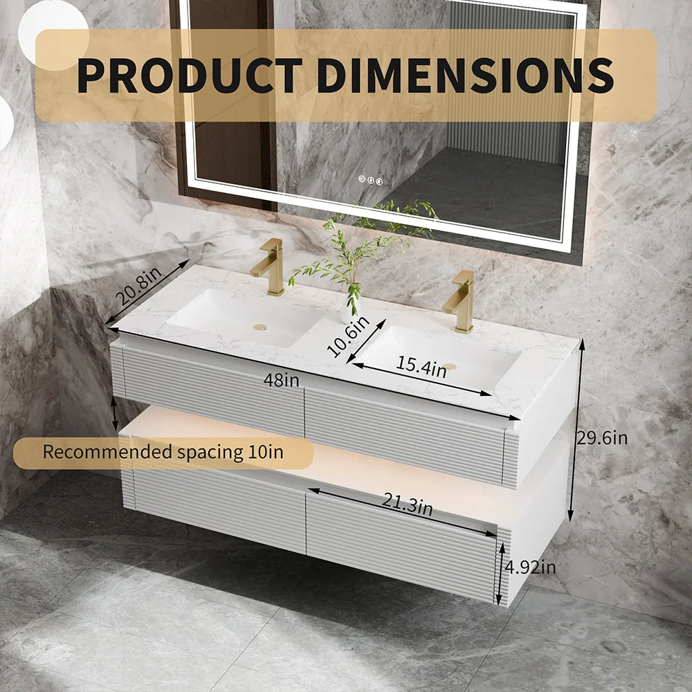 48 Inch Floating Bathroom Vanity with LED Functionality and Double Sinks