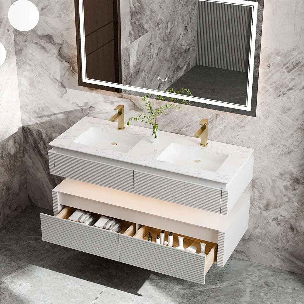 48 Inch Floating Bathroom Vanity with LED Functionality and Double Sinks