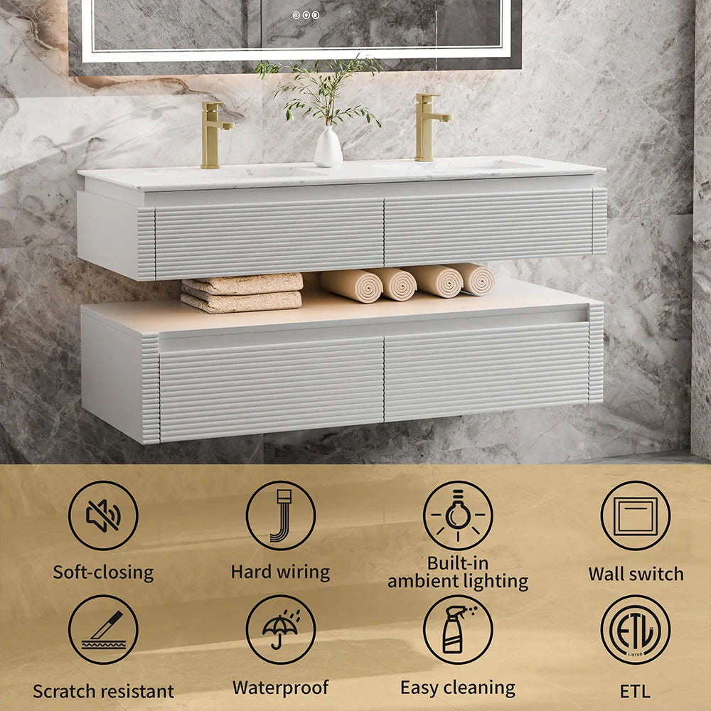 48 Inch Floating Bathroom Vanity with LED Functionality and Double Sinks