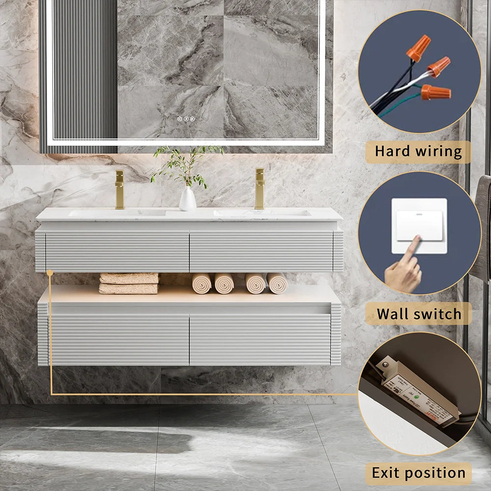 48 Inch Floating Bathroom Vanity with LED Functionality and Double Sinks