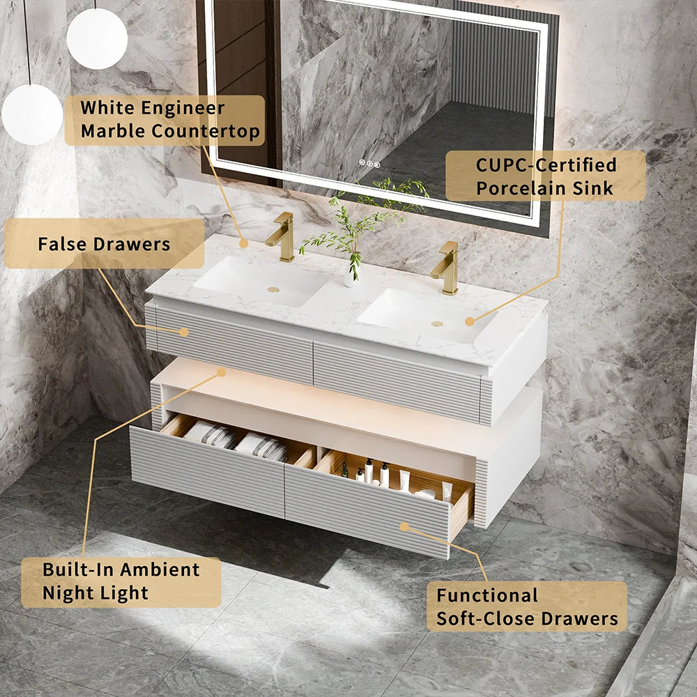 48 Inch Floating Bathroom Vanity with LED Functionality and Double Sinks