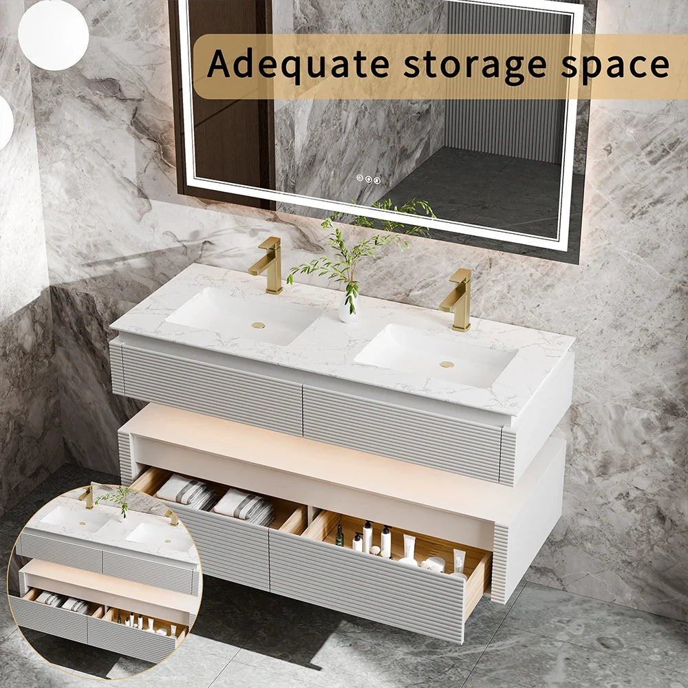 48 Inch Floating Bathroom Vanity with LED Functionality and Double Sinks