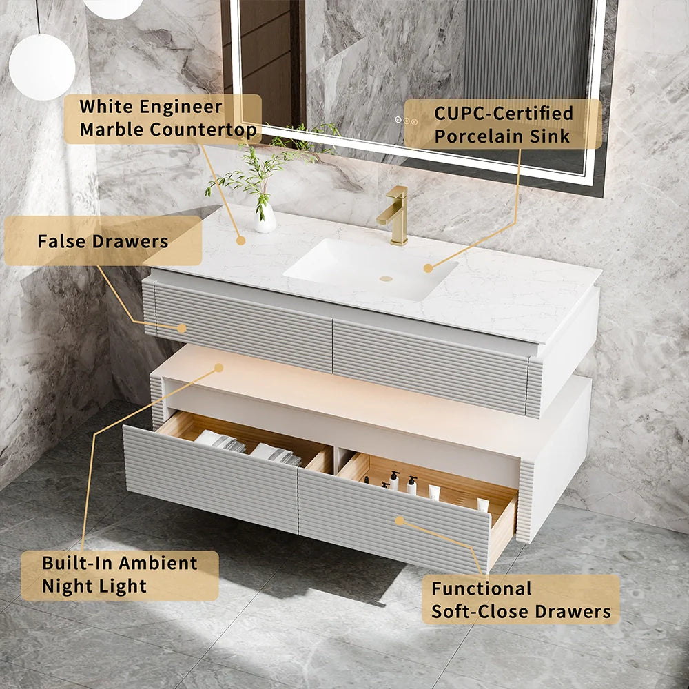 48 Inch Floating Bathroom Vanity with LED Functionality & Single Sink